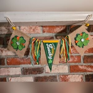 Handmade Happy Go Lucky St Patrick's Day Shamrock Garland Wood Burlap Decor OOAK